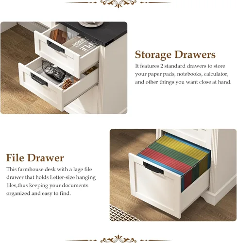 Miniatura 6 de Halitaa Escritorio ejecutivo de granja con 3 cajones, escritorio de computadora con cajón de archivos para colgar archivos de tamaño A4, escritorio
