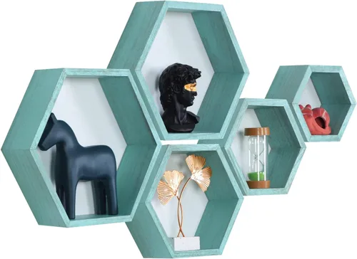 Miniatura 16 de PHOENANCEE - Estantes flotantes hexagonales, juego de 3 estantes de nido de abeja, estantes de pared de madera estilo granja para almacenamiento