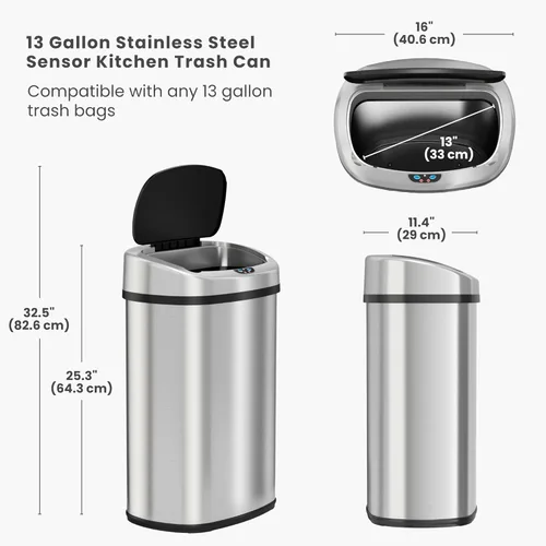 Miniatura 6 de iTouchless Bote de basura con sensor ovalado de 13 galones con adaptador de CA y filtro de olor, contenedor de cocina automático de 50 L, acero