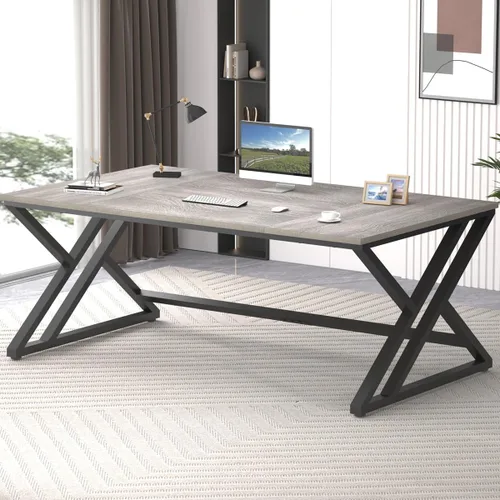 Miniatura 14 de LVB 78.7" Escritorio para computadora, escritorio industrial extra largo de madera para oficina en casa, escritorio grande rústico moderno de metal