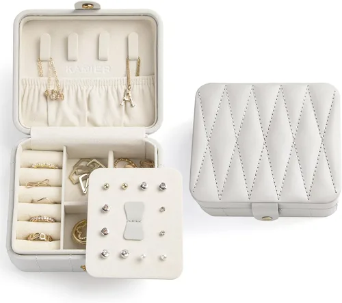 KAMIER Organizador de joyas de viaje cajas de joyería portátiles de cuero acolchado con diamantes para mujeres y niñas organizador pequeño para