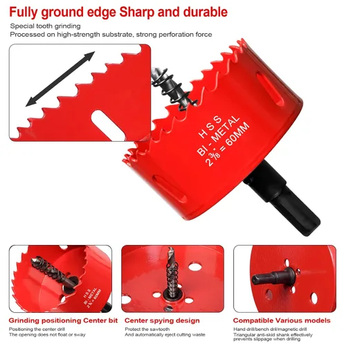 Miniatura 4 de Sierra perforadora de 2 3/8 pulgadas (60mm) para madera y plástico, broca de núcleo de cortador de agujeros bimetálico HSS para paneles de yeso, Rojo