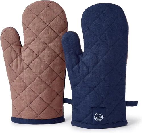 Encasa XO Guantes de horno resistentes al calor de algodón (juego de 2 piezas) - Acolchados y seguros 30x17 cm - para cocina, cocinado y horneado,