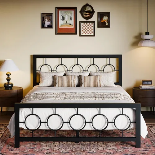 Miniatura 10 de SHA CERLIN Marco de cama de metal tamaño King con cabecera y pie de cama de diseño circular vintage, no requiere somier, fácil montaje, sin ruido