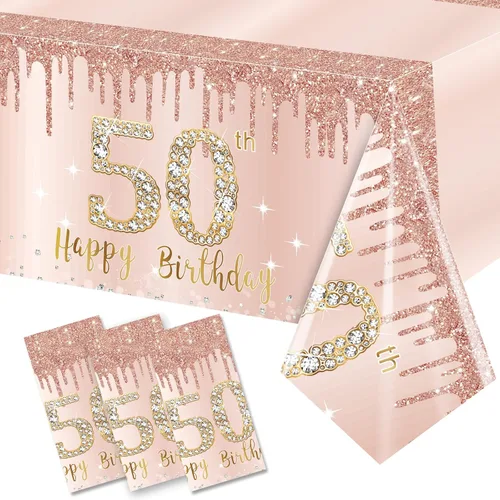 Excelloon Paquete de 3 Manteles de Cumpleaños 50, Mantel de Cumpleaños Feliz de Rosa Púrpura y Oro Rosa, Mantel Desechable de Plástico Rectangular