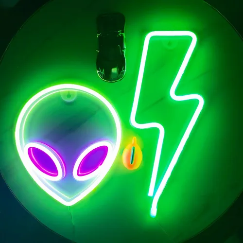 Miniatura 6 de Letrero de neón con cabeza de alienígena, 1 unidad, luz de neón de alienígena verde y morado, USB o 3 pilas AA, divertido letrero de neón iluminado