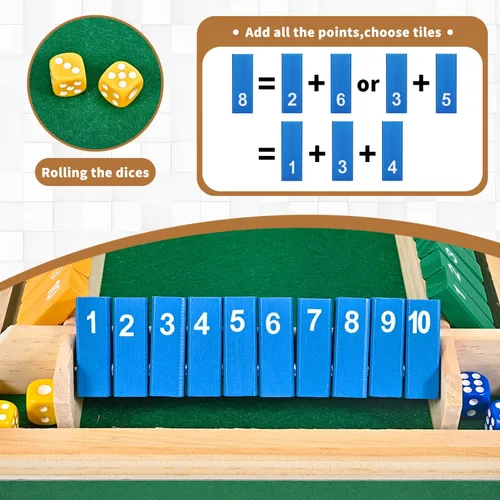Miniatura 3 de Juego de dados Shut The Box para 1 a 4 jugadores, 10 números de madera tradicional, tablero de bar de pub familiar, juego de dados para adultos