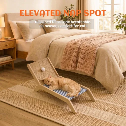 Miniatura 5 de PETKARAY Silla de playa para gatos, camas elevadas para gatos de interior, tumbona acogedora original con rascador de sisal y pelota de juguete Azul