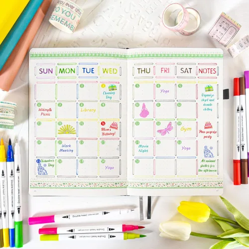 Miniatura 5 de Kit de diario de puntos con viñetas de 4.94 oz/m², juego de diario A5 de cuadrícula de puntos con 188 páginas, 10 plantillas, 14 cintas Washi, 12