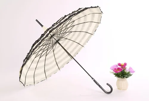 Miniatura 8 de Outgeek Señoras Sunproof paraguas sombrilla encaje flores pagoda en forma de Victoria estilo largo mango