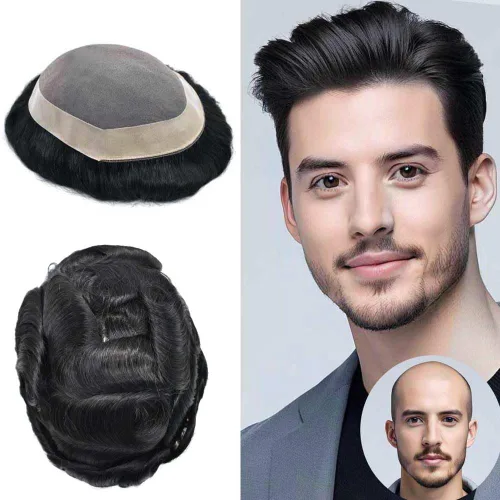 Miniatura 22 de Toupee - Sistema de reemplazo de cabello humano para hombre, encaje mono fino, duradero, línea capilar natural para hombre, pieza de cabello NPU