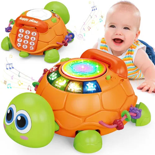 Juguetes para bebés de 6 a 12 meses, juguetes musicales de tortugas que gatean para bebés de 12 a 18 meses, juguete educativo de aprendizaje Naranja
