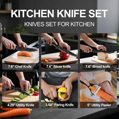 Miniatura 5 de Juego de cuchillos de cocina de 6 piezas con revestimiento antioxidante y asas ergonómicas, ligero, apto para lavavajillas, regalo para entusiastas