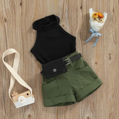 Miniatura 79 de TheFound Trajes de verano para niñas pequeñas, sin mangas, de punto acanalado, halter, pantalones cortos, ropa para recién nacidos, conjunto de 3