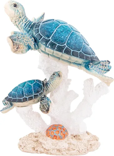 Miniatura 16 de Estatua de tortuga marina triples nadando sobre base de arrecife de coral, figura de polystone inspirada en el océano para decoración del hogar Azul