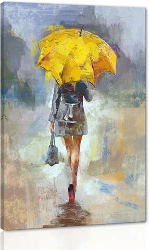 Miniatura 45 de Lienzo abstracto moderno para pared, póster de niña en vestido rojo caminando con paraguas azul, obra de arte para la decoración de pared