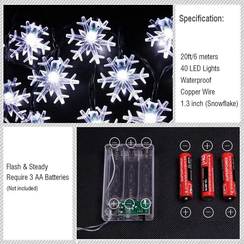 Miniatura 4 de WesGen - Guirnalda de luces de Navidad, tira de luces de copo de nieve, funciona con pilas, impermeable, 20 pies, 40 luces LED para Navidad, jardín