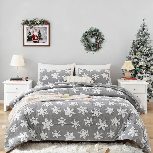 JANZAA Juego de edredón de terciopelo gris claro con copos de nieve blancos estereoscópicos de 3 piezas, tamaño matrimonial, suave y esponjoso