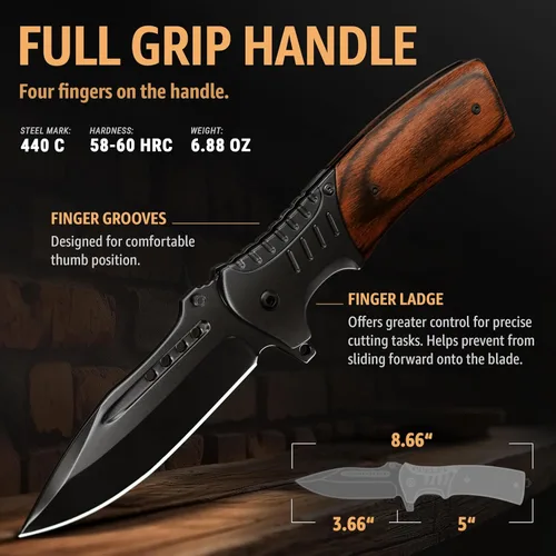 Miniatura 3 de Cuchillo de bolsillo para hombres con mango de madera, rompedor de vidrio y clip de bolsillo, hoja afilada de 3.66 pulgadas, cuchillos plegables