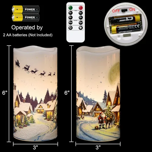 Miniatura 7 de GenSwin Velas de Navidad sin llama con temporizador remoto, juego de 2 velas LED de Navidad que funcionan con pilas con casa de nieve, Papá Noel