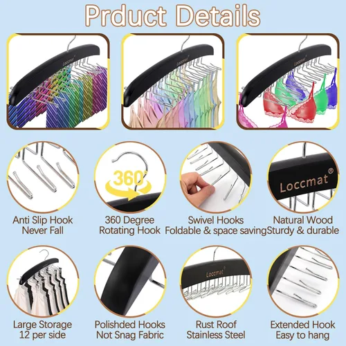 Miniatura 3 de 2 ganchos de madera para sujetadores con 24 ganchos de metal plegables, gancho giratorio de 360°, estantes de corbata para armario de hombres, Negro