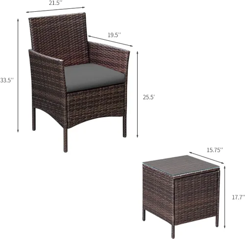 Miniatura 7 de Greesum Juego de muebles de patio de 3 piezas para exteriores, sillas de mimbre de ratán PE con cojín suave y mesa de centro de cristal para jardín