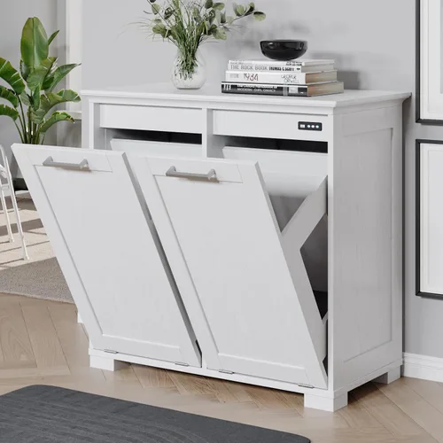 Miniatura 10 de UpWiew Armario de basura abatible con instalación rápida y función desodorizante, armario de basura de madera para comedor y cocina, color negro
