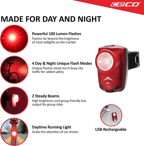 Miniatura 2 de CECO Luz trasera de bicicleta recargable USB súper brillante de 100 lúmenes, IP67 impermeable, FL-1 resistente a los impactos, calidad de grado