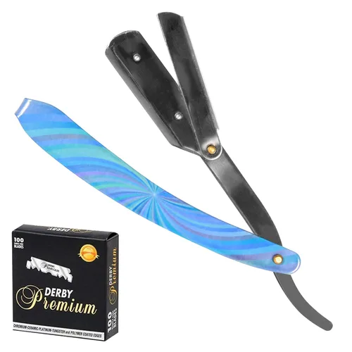 Miniatura 6 de Maquinilla de afeitar profesional de borde recto para hombres con 100 cuchillas Derby reemplazables para barbero de una sola hoja (negro/multicolor)