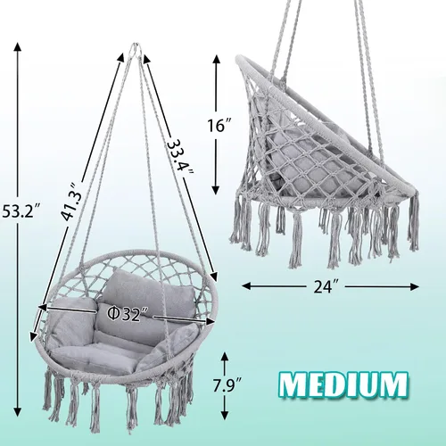 Miniatura 5 de KROFEM Silla Hamaca Colgante Balanceante de Macramé con Cojín Mediano, Perfecta para Dormitorio, Porche, Adultos, Balcón, Gris Gris ordinario