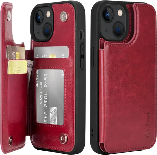 Miniatura 10 de Arae Funda para iPhone 13 con tarjetero - Funda tipo cartera con bolsillos para tarjetas de piel sintética con tapa trasera para iPhone 13 de 6.1