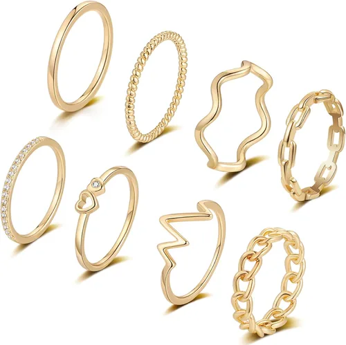 Honsny Juego de 8 anillos apilables chapados en oro de 14 quilates para mujer, anillos apilables de oro plateado dorado y plateado para nudillos