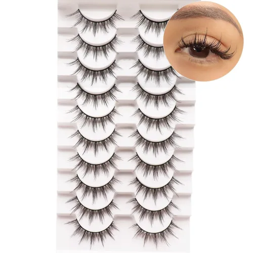 Miniatura 3 de Losha Pestañas Manga Esponjosas de Visón Sintético, Aspecto Natural, 10 Pares de Pestañas Postizas Asiáticas, Paquete que Parece Racimos
