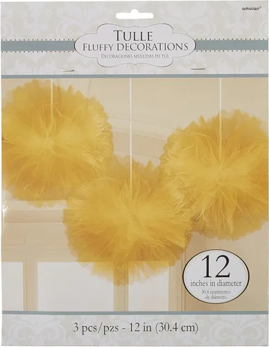 Miniatura 2 de Deslumbrantes pompones de tul dorado esponjosos, 12 pulgadas (juego de 3 piezas), perfectos para eventos elegantes y decoración del hogar