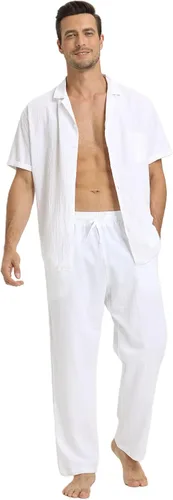 Miniatura 2 de RPOVIG Conjunto de camisa de lino conjunto de 2 piezas de lino para hombre camisas de manga corta pantalones de yoga trajes de playa y boda