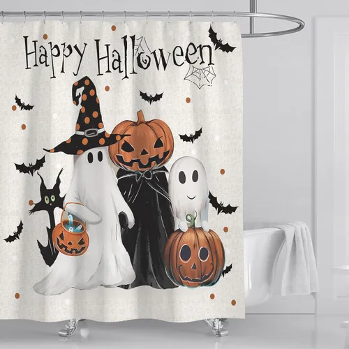 Miniatura 3 de Juego de 4 cortinas de ducha de Halloween, espeluznante cortina de ducha de calabaza fantasma para decoración de baño de Halloween