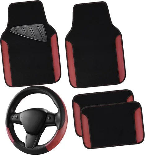 Miniatura 10 de CAR PASS Funda para volante de cuero sintético y alfombrillas impermeables para auto, combo universal para el 95 % de sedanes, SUV, vehículos, Rojo