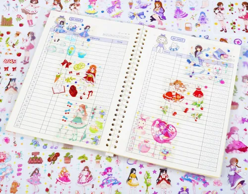 Miniatura 6 de Kawaii - Calcomanías de dibujos animados para diario, 600 unidades, 100 hojas de vinilo en caja, lindas calcomanías transparentes para diario, Chica