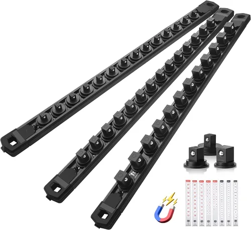 Reniteco Juego de organizador de enchufes magnéticos, 3 piezas de 1/2 pulgada 3/8 pulgadas 1/4 pulgadas de aleación de aluminio con 40 clips Negro