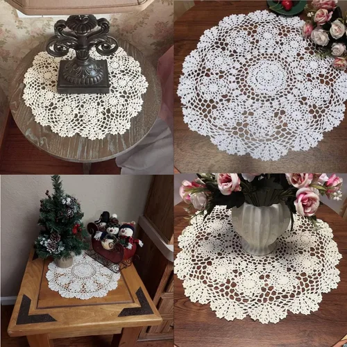 Miniatura 3 de Damanni Mantel de encaje de ganchillo hecho a mano de algodón beige para mesa, redondo, 16 pulgadas, 2