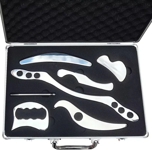 Miniatura 13 de Juego de herramientas de masaje de raspado Gua Sha de acero inoxidable, juego de herramientas IASTM, gran herramienta de movilización de tejidos