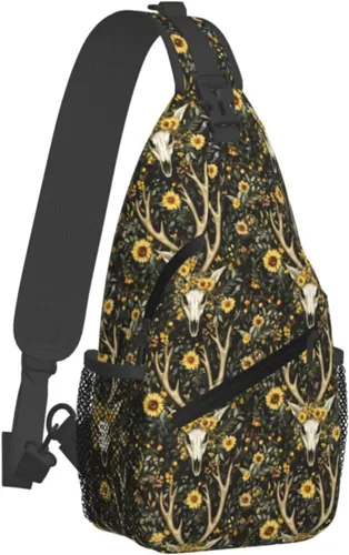 Small Crossbody Bags for Women Men - Vintage Sunflower Deer Skull Print Adjustable Shoulder Bag Fanny Packs Belt Sling Bag Crossbody Purses Backpack