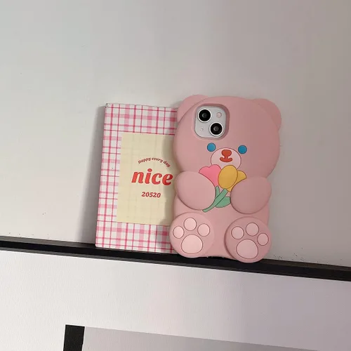 Miniatura 6 de Fundas para iPhone 13 Pro Lindas con Diseño de Oso de Flores de Dibujos Animados, Funda Rosa de Silicona Blanda 3D para Mujeres y Niñas, Funda Oso