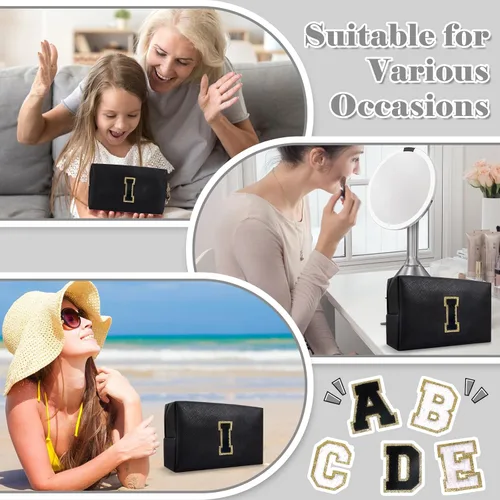 Miniatura 6 de Bolsa de maquillaje personalizada con inicial A-Z, bolsa de cosméticos pequeña de PU con parche preppy y letra de chenilla con cierre para niñas