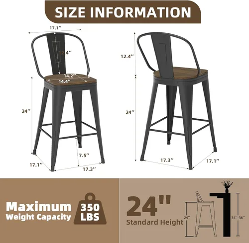 Miniatura 2 de Juego de 4 taburetes de bar giratorios de 24 pulgadas, taburetes de bar industriales con patas de metal resistentes, taburetes de bar con respaldo