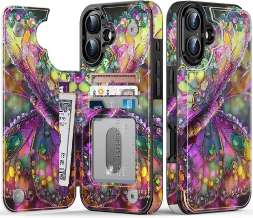 Miniatura 94 de FUNMIKO Funda tipo cartera para iPhone 13 con tarjetero, bloqueo RFID, protección de grado militar y obras de arte impresas con rayos UV, cierre