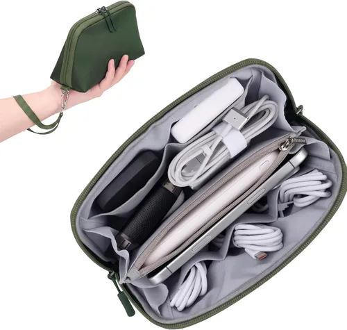 Miniatura 25 de FYY Organizador de cables de viaje, 8 compartimentos, bolsa tecnológica ligera resistente al agua con correa para la muñeca, funda portátil