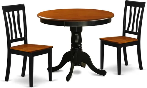 East West Furniture ANTI3-BLK-W Juego de mesa y sillas de cocina de 3 piezas contiene una mesa de comedor redonda con pedestal y 2 sillas de asiento