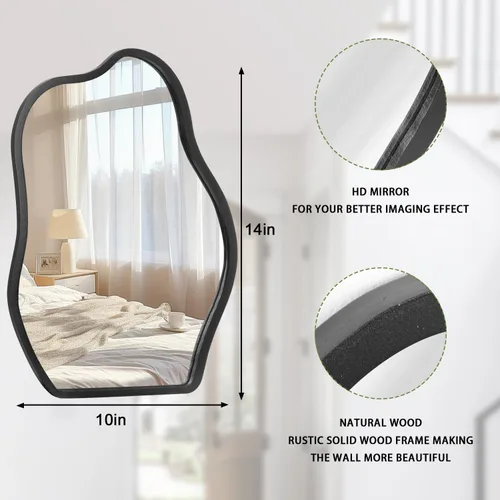 Miniatura 7 de Espejo de pared asimétrico con marco de madera, espejo colgante moderno irregular para pared para tocador, sala de estar, dormitorio, baño, entrada