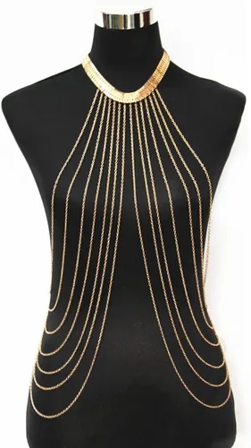 Miniatura 2 de JoJo & Lin arnés de cadenas para el cuerpo, dorado, regulable con collar de muchas filas de cadena delgada